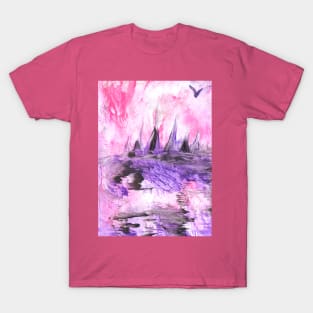 Pink and purple landscape. Mountains and palace, architecture. Art, painting. Encaustic, art decoration, sketch. Illustration hand drawn modern T-Shirt